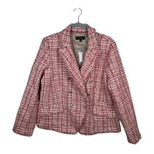 NWT Talbots Tweed Double Breasted Blazer Pink Red Classic Silver Button Size 16